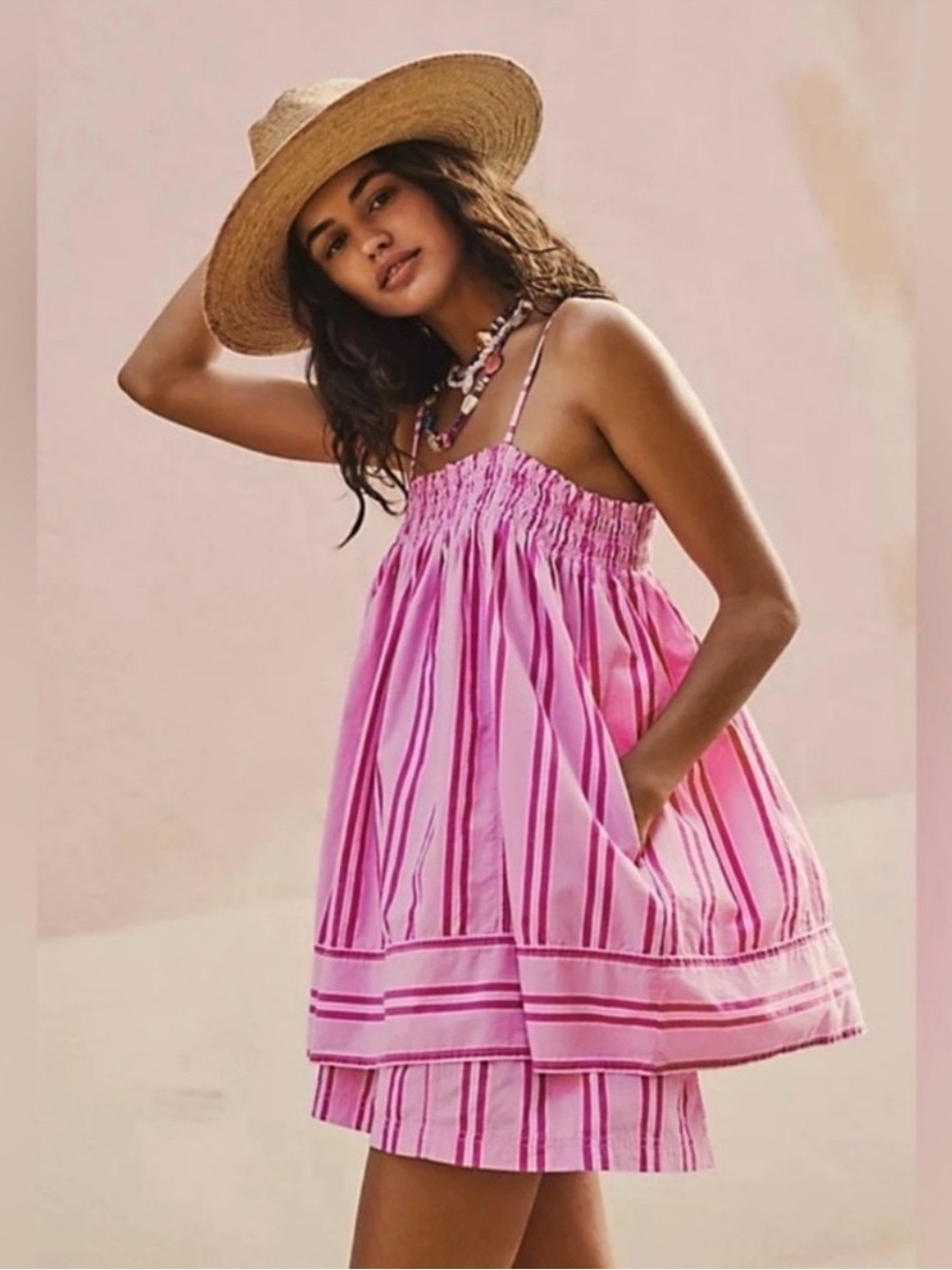 We The Free Pink Striped Smocked Mini Tunic